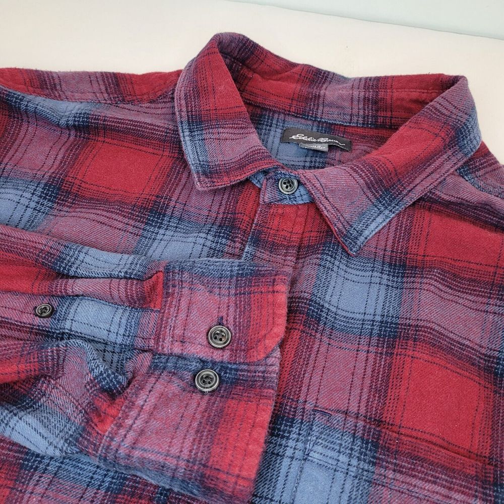 Eddie Bauer Flannel Button Up Shirt Men's 2XL Long Sleeve Pocket Plaid Red Blue‎